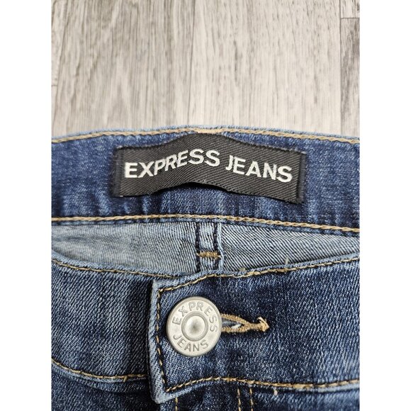 Express Jeans Womens 10 Blue Bell Crop High Rise Distressed Flare Denim Pants - Picture 4 of 10